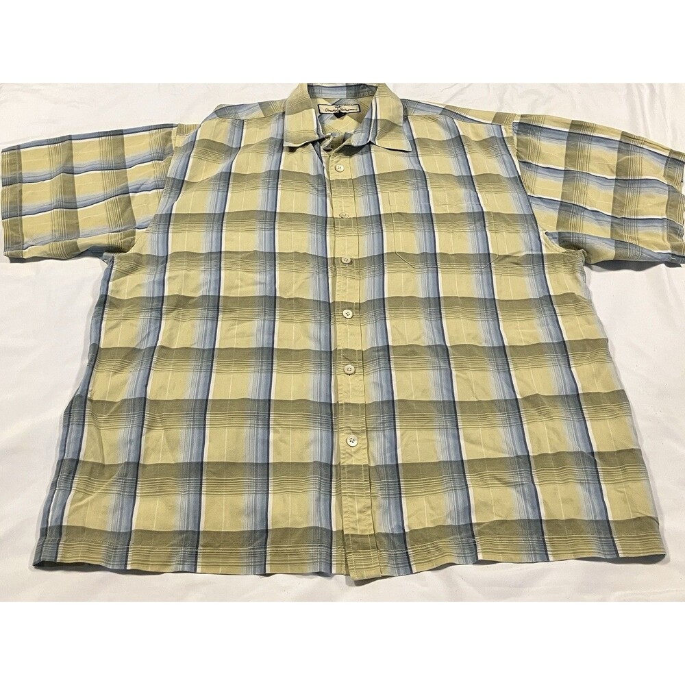 Tommy Bahama Shirt Mens XL Yellow Blue Plaid Short Sleeve Button Up